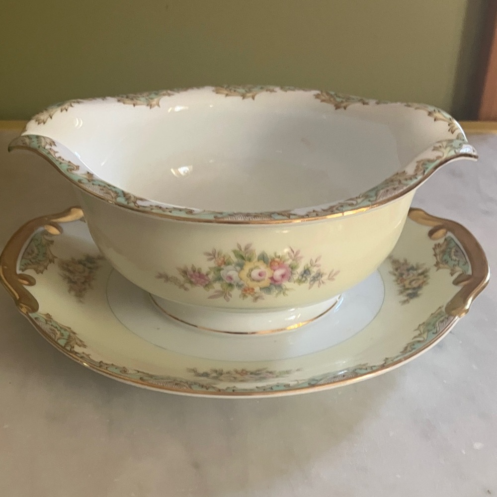 Vintage gravy boat pink aqua cream floral gold Meito Japan EUC antique